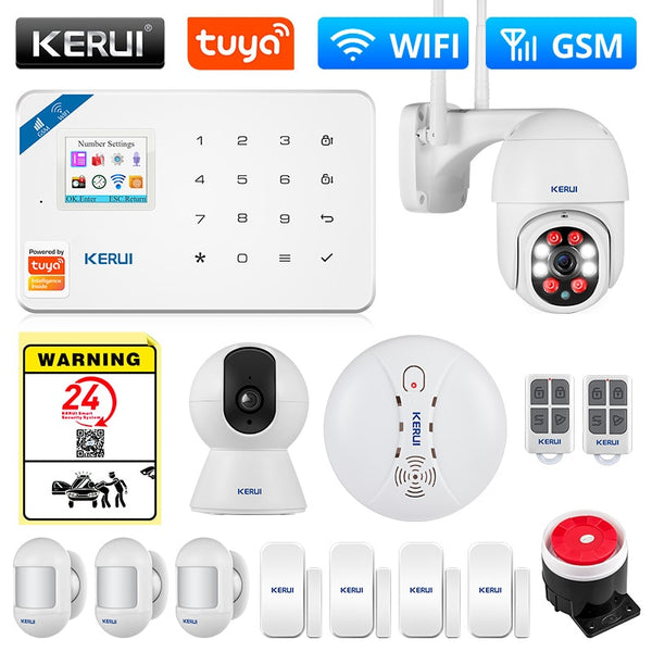 KERUI Tuya Smart WIFI GSM Security Alarm System Works With Alexa Home Burglar Motion Detector Smoke Door Window Sensor IP Camera